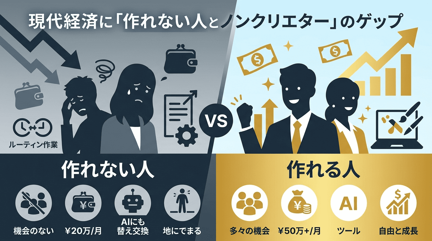 AIで作れる人と作れない人の格差を示すイメージ