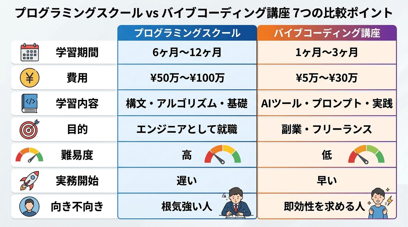 プログラミングスクールとバイブコーディング講座の7項目比較